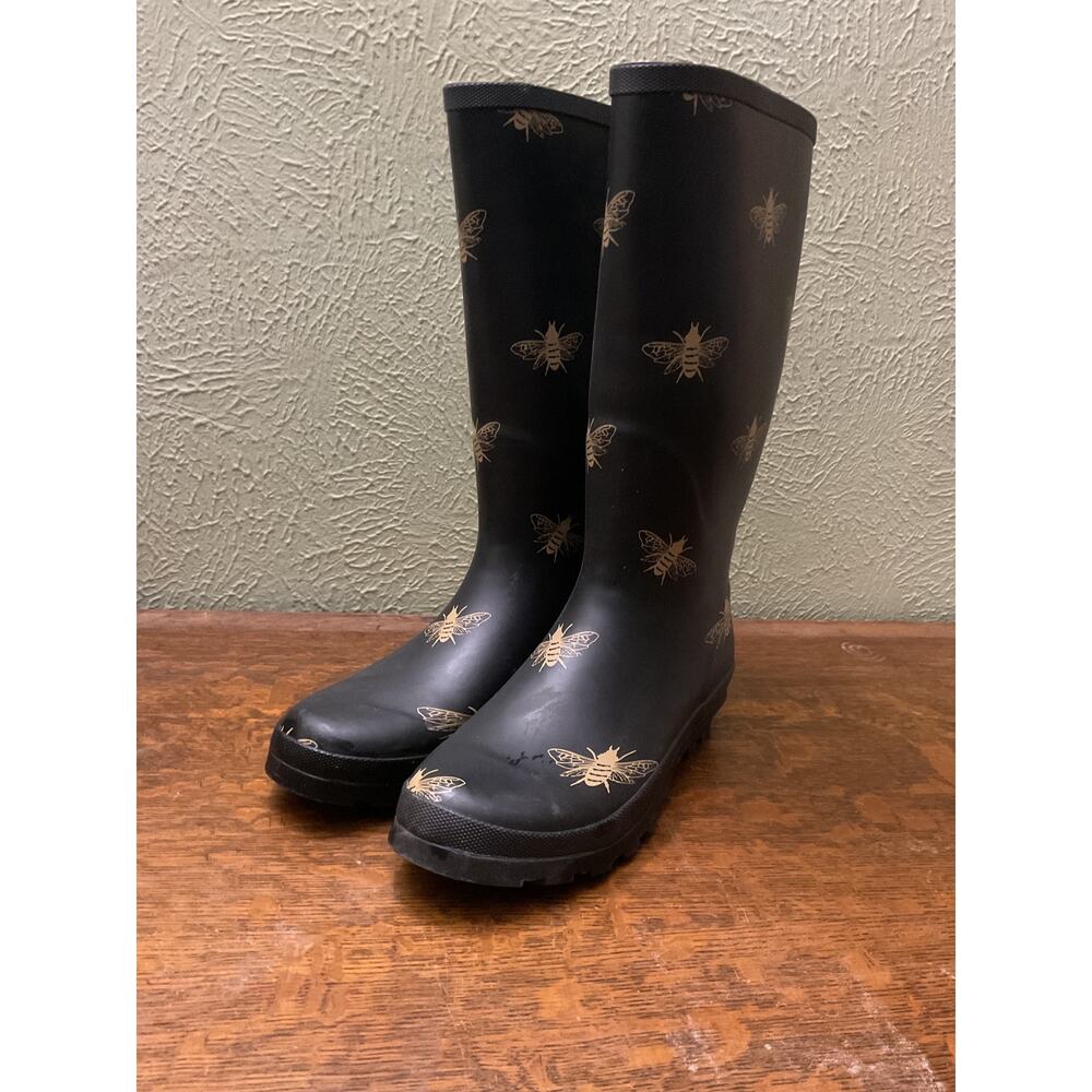 SERRA Black Gold Bee Print Tall Rubber Rain Boots Size 10